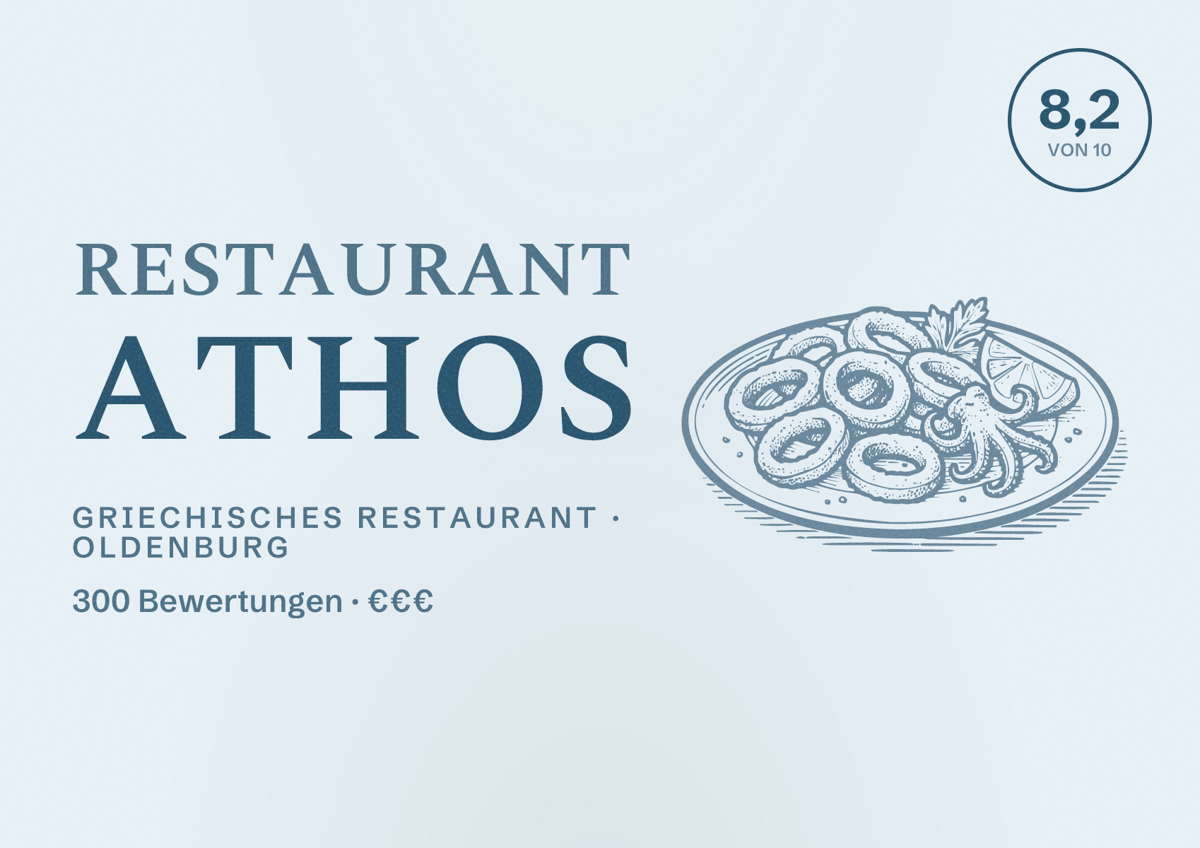 Illustriertes Poster von Restaurant Athos, Griechisches Restaurant in Oldenburg: Bewertung 8,2 von 10 aus 300 Bewertungen, Preisniveau €€€