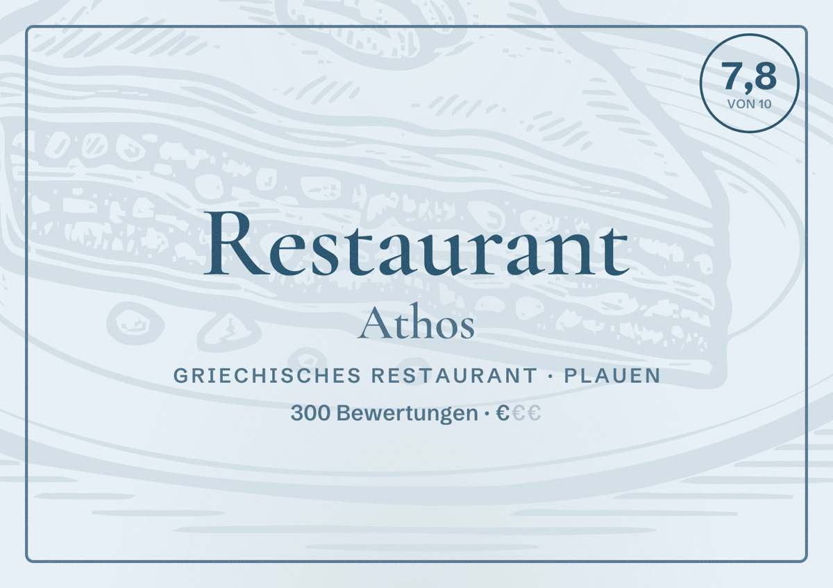 Illustriertes Poster von Restaurant Athos, Griechisches Restaurant in Plauen: Bewertung 7,8 von 10 aus 300 Bewertungen, Preisniveau €