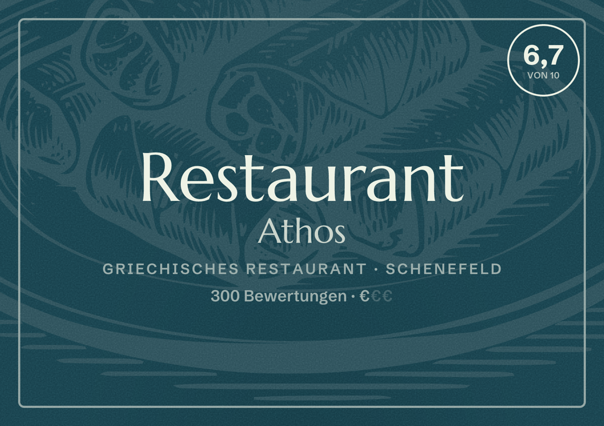Illustriertes Poster von Restaurant Athos, Griechisches Restaurant in Schenefeld: Bewertung 6,7 von 10 aus 300 Bewertungen, Preisniveau €