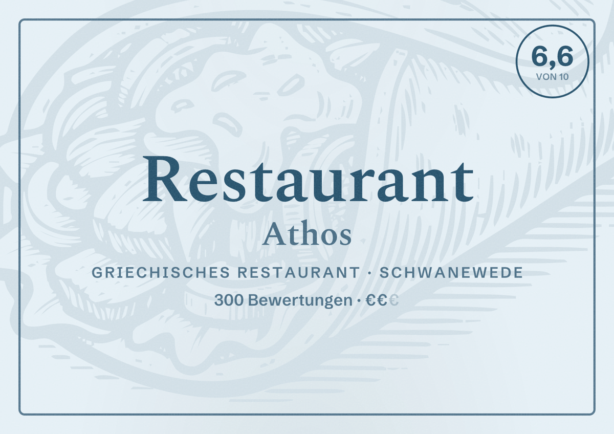 Illustriertes Poster von Restaurant Athos, Griechisches Restaurant in Schwanewede: Bewertung 6,6 von 10 aus 300 Bewertungen, Preisniveau €€