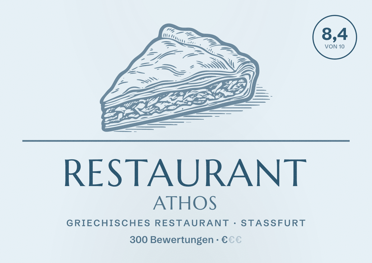 Illustriertes Poster von Restaurant Athos, Griechisches Restaurant in Staßfurt: Bewertung 8,4 von 10 aus 300 Bewertungen, Preisniveau €