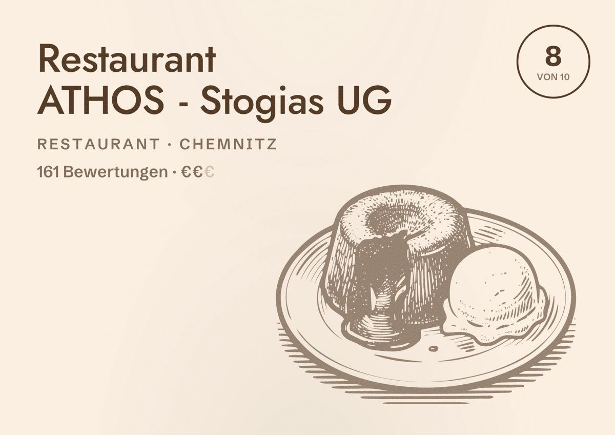 Illustriertes Poster von Restaurant ATHOS - Stogias UG, Restaurant in Chemnitz: Bewertung 8 von 10 aus 161 Bewertungen, Preisniveau €€