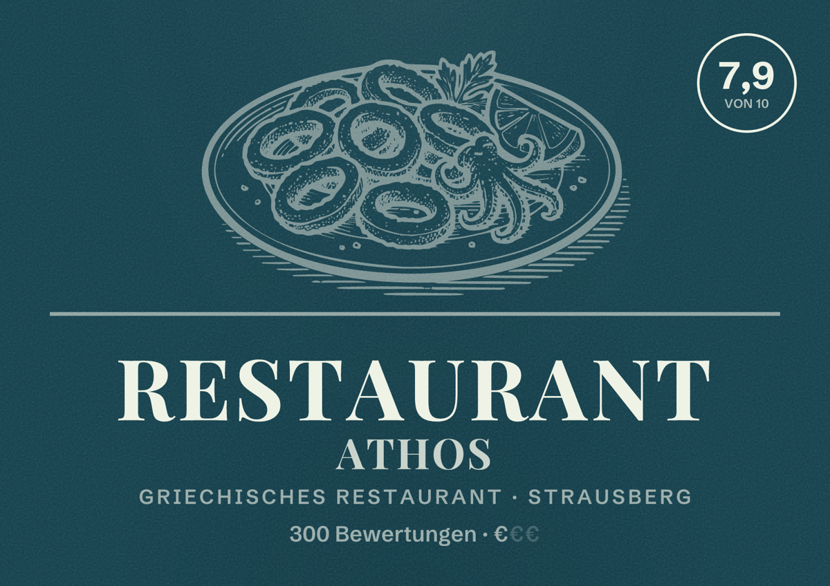 Illustriertes Poster von Restaurant Athos, Griechisches Restaurant in Strausberg: Bewertung 7,9 von 10 aus 300 Bewertungen, Preisniveau €