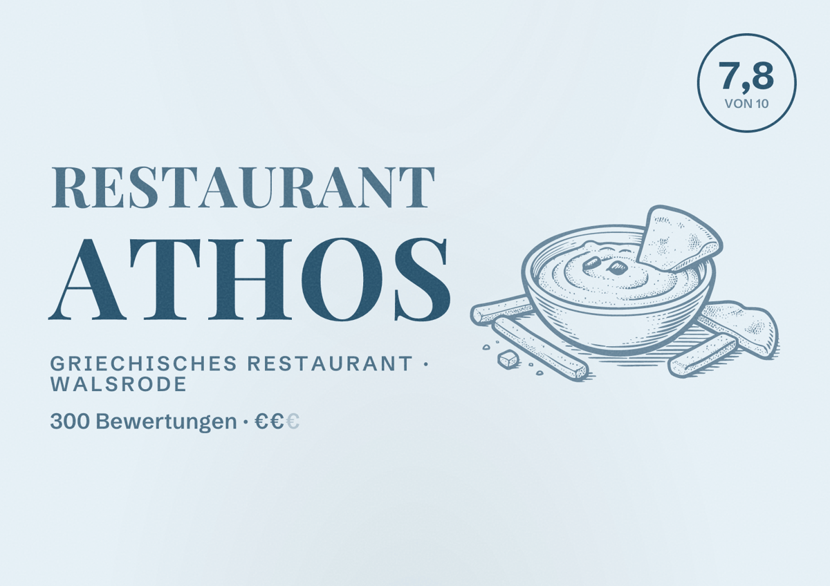 Illustriertes Poster von RESTAURANT ATHOS, Griechisches Restaurant in Walsrode: Bewertung 7,8 von 10 aus 300 Bewertungen, Preisniveau €€