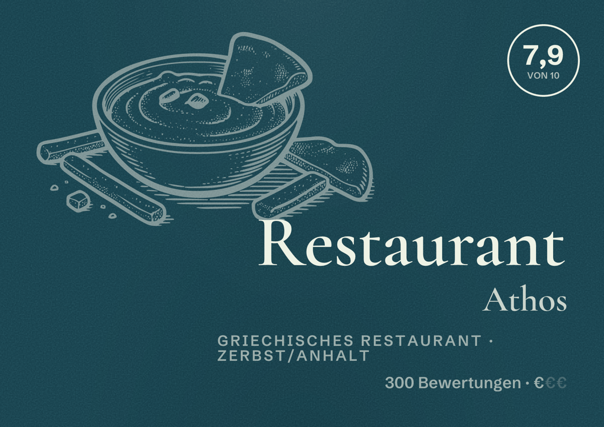 Illustriertes Poster von Restaurant Athos, Griechisches Restaurant in Zerbst/Anhalt: Bewertung 7,9 von 10 aus 300 Bewertungen, Preisniveau €