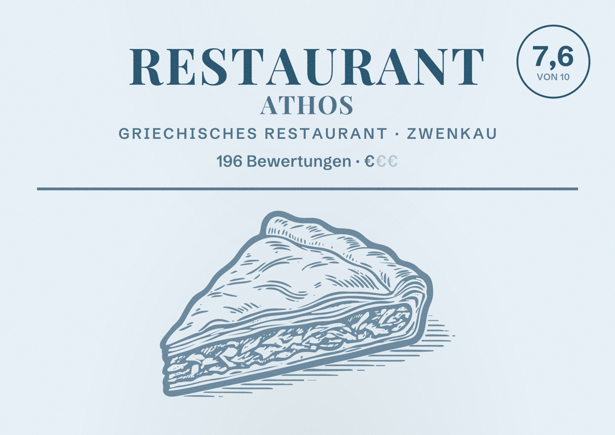 Illustriertes Poster von Restaurant Athos, Griechisches Restaurant in Zwenkau: Bewertung 7,6 von 10 aus 196 Bewertungen, Preisniveau €