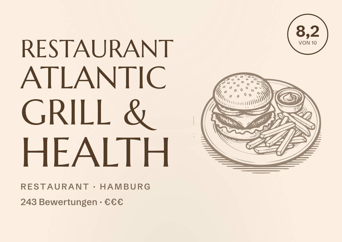 Illustriertes Poster von Restaurant Atlantic Grill & Health, Restaurant in Hamburg: Bewertung 8,2 von 10 aus 243 Bewertungen, Preisniveau €€€