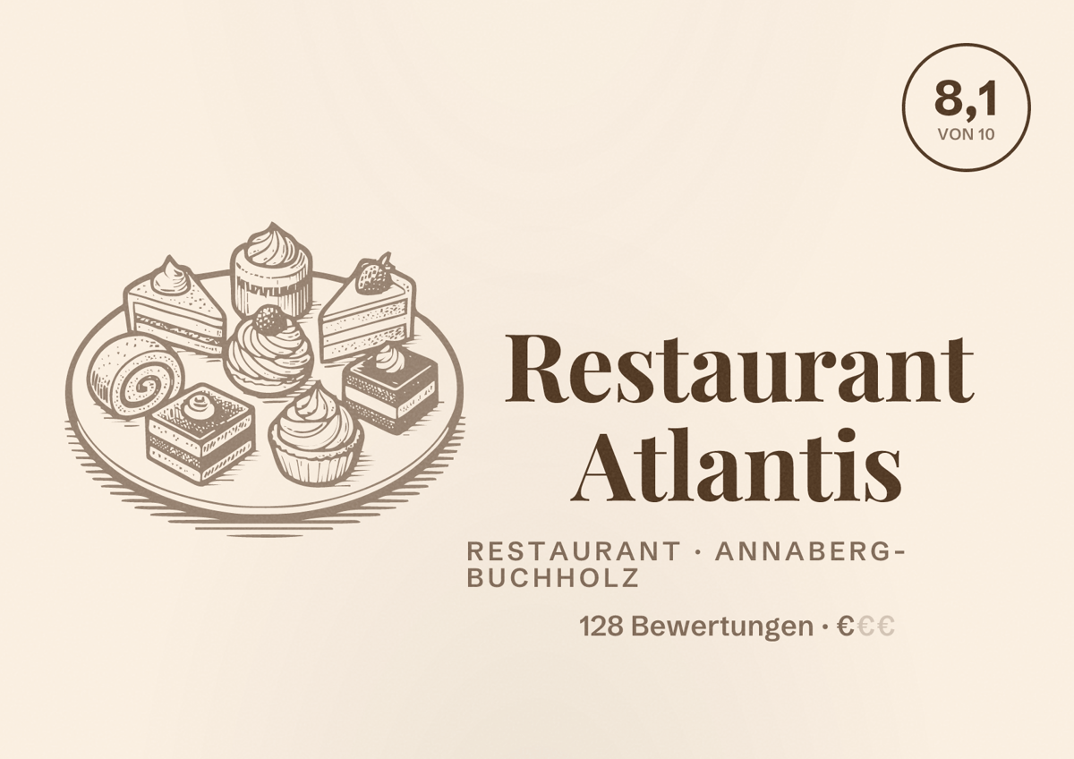 Illustriertes Poster von Restaurant Atlantis, Restaurant in Annaberg-Buchholz: Bewertung 8,1 von 10 aus 128 Bewertungen, Preisniveau €