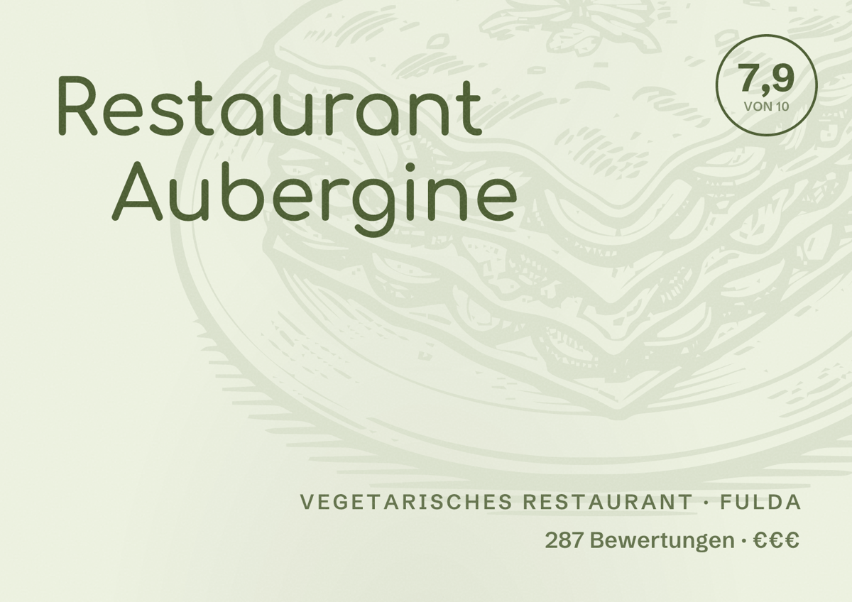 Illustriertes Poster von Restaurant Aubergine, Vegetarisches Restaurant in Fulda: Bewertung 7,9 von 10 aus 287 Bewertungen, Preisniveau €€€