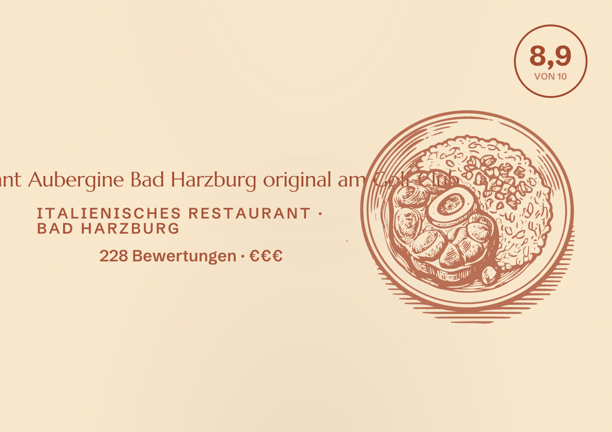 Illustriertes Poster von Restaurant Aubergine Bad Harzburg original am Golf Club, Italienisches Restaurant in Bad Harzburg: Bewertung 8,9 von 10 aus 228 Bewertungen, Preisniveau €€€