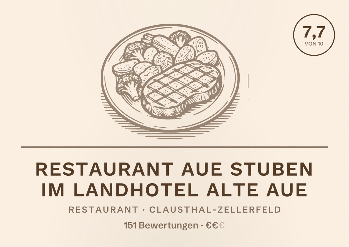 Illustriertes Poster von Restaurant Aue Stuben im Landhotel Alte Aue, Restaurant in Clausthal-Zellerfeld: Bewertung 7,7 von 10 aus 151 Bewertungen, Preisniveau €€