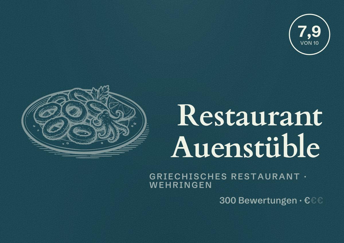 Illustriertes Poster von Restaurant Auenstüble, Griechisches Restaurant in Wehringen: Bewertung 7,9 von 10 aus 300 Bewertungen, Preisniveau €