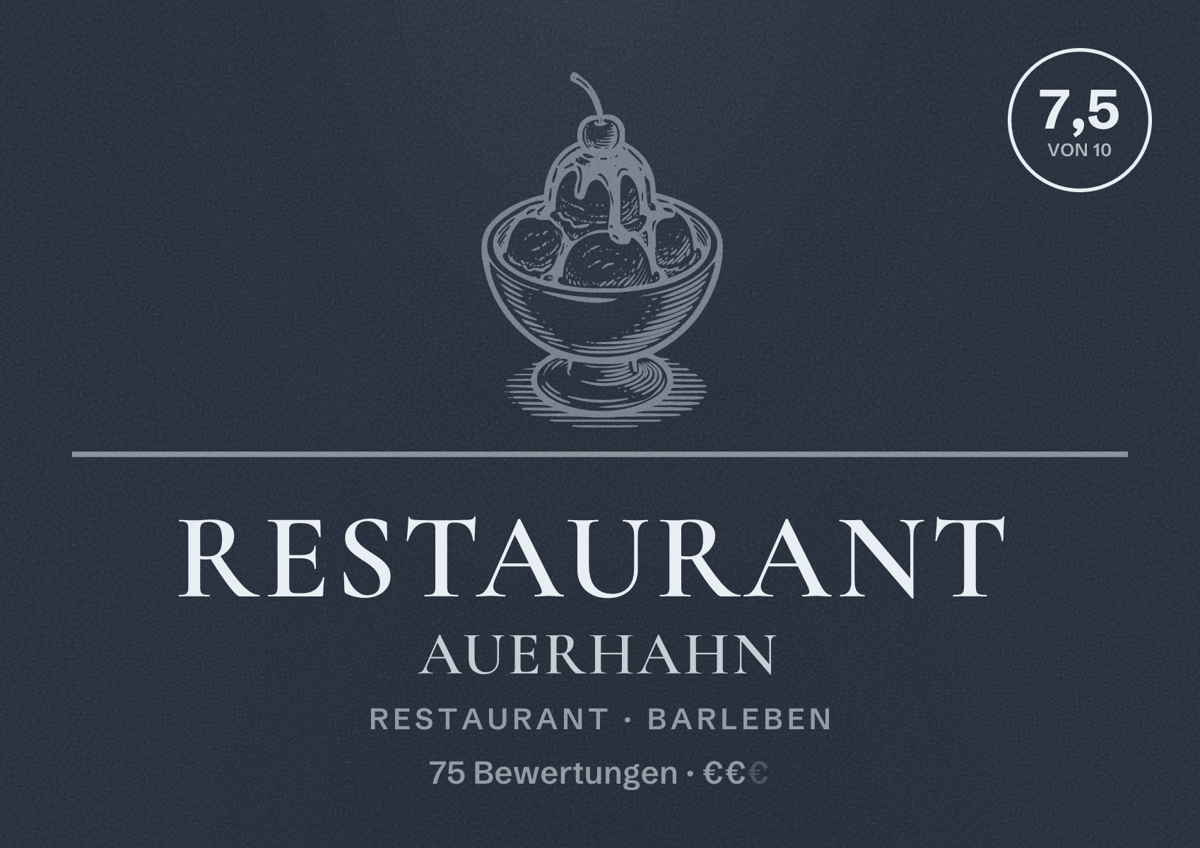 Illustriertes Poster von Restaurant Auerhahn, Restaurant in Barleben: Bewertung 7,5 von 10 aus 75 Bewertungen, Preisniveau €€
