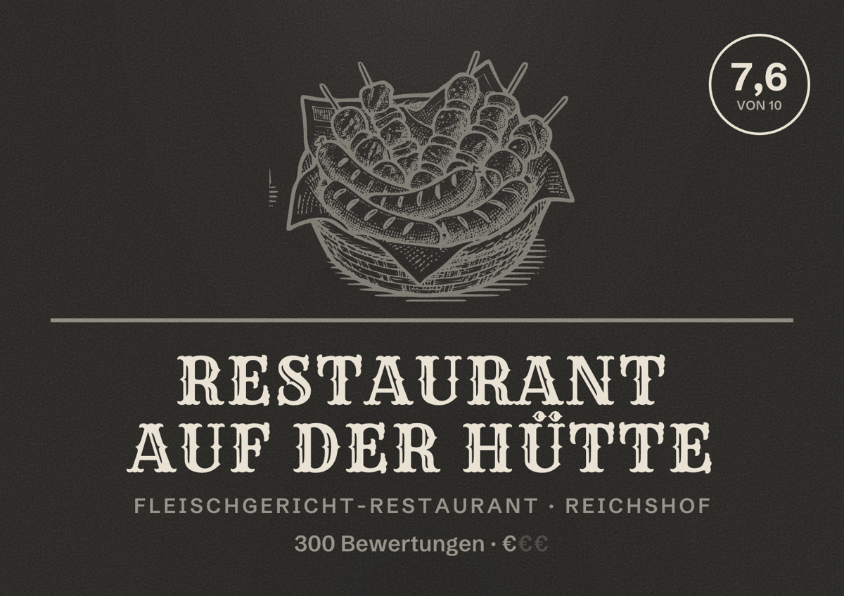 Illustriertes Poster von Restaurant Auf der Hütte, Fleischgericht-Restaurant in Reichshof: Bewertung 7,6 von 10 aus 300 Bewertungen, Preisniveau €