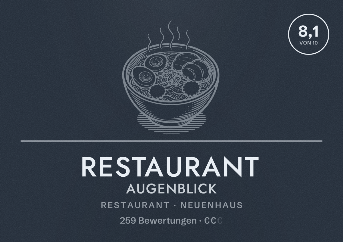 Illustriertes Poster von Restaurant Augenblick, Restaurant in Neuenhaus: Bewertung 8,1 von 10 aus 259 Bewertungen, Preisniveau €€