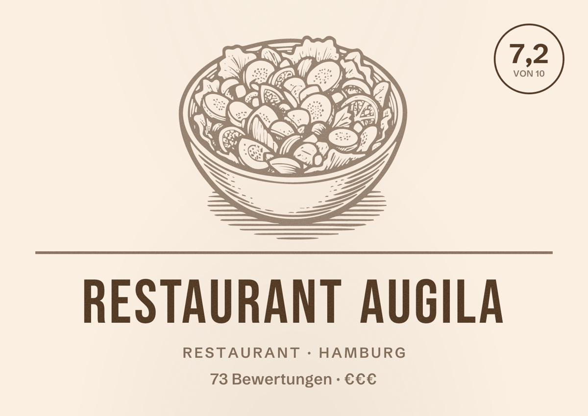 Illustriertes Poster von Restaurant Augila, Restaurant in Hamburg: Bewertung 7,2 von 10 aus 73 Bewertungen, Preisniveau €€€