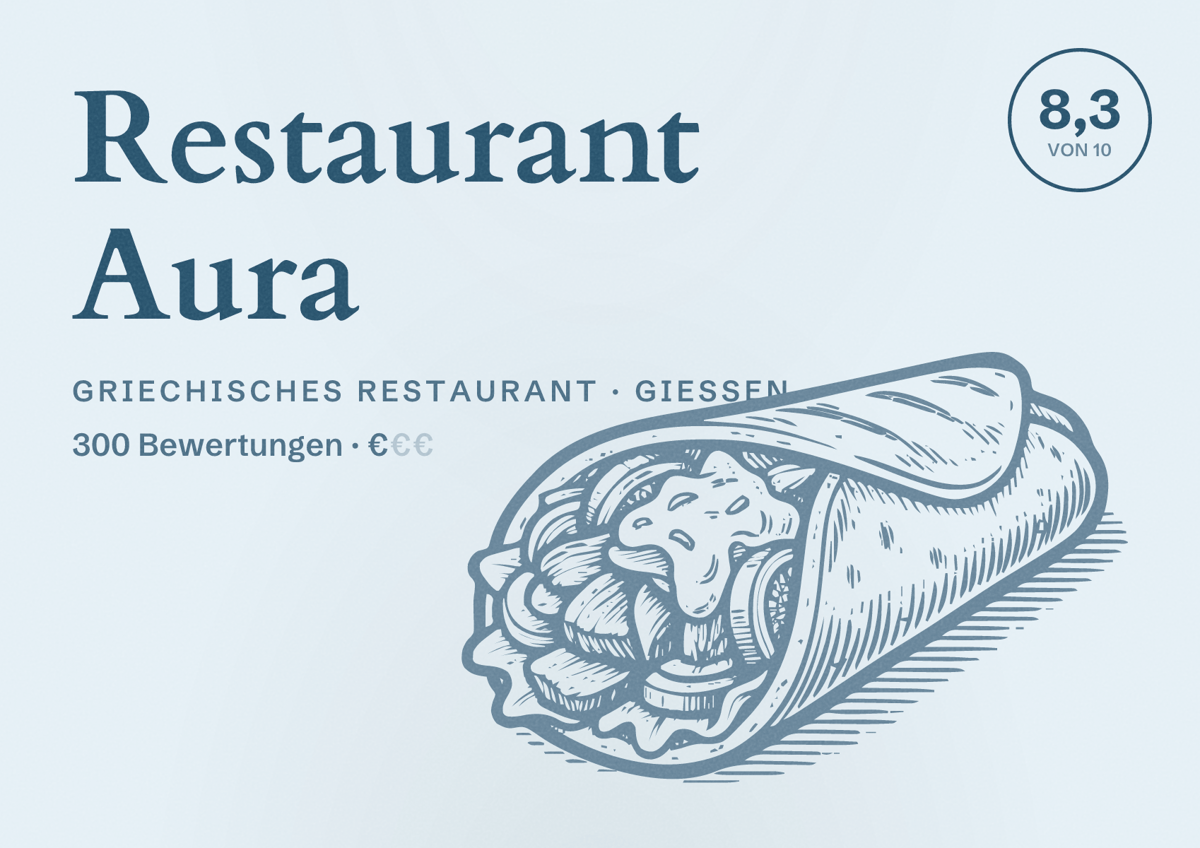Illustriertes Poster von Restaurant Aura, Griechisches Restaurant in Gießen: Bewertung 8,3 von 10 aus 300 Bewertungen, Preisniveau €