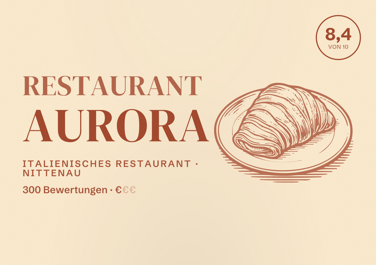 Illustriertes Poster von Restaurant Aurora, Italienisches Restaurant in Nittenau: Bewertung 8,4 von 10 aus 300 Bewertungen, Preisniveau €