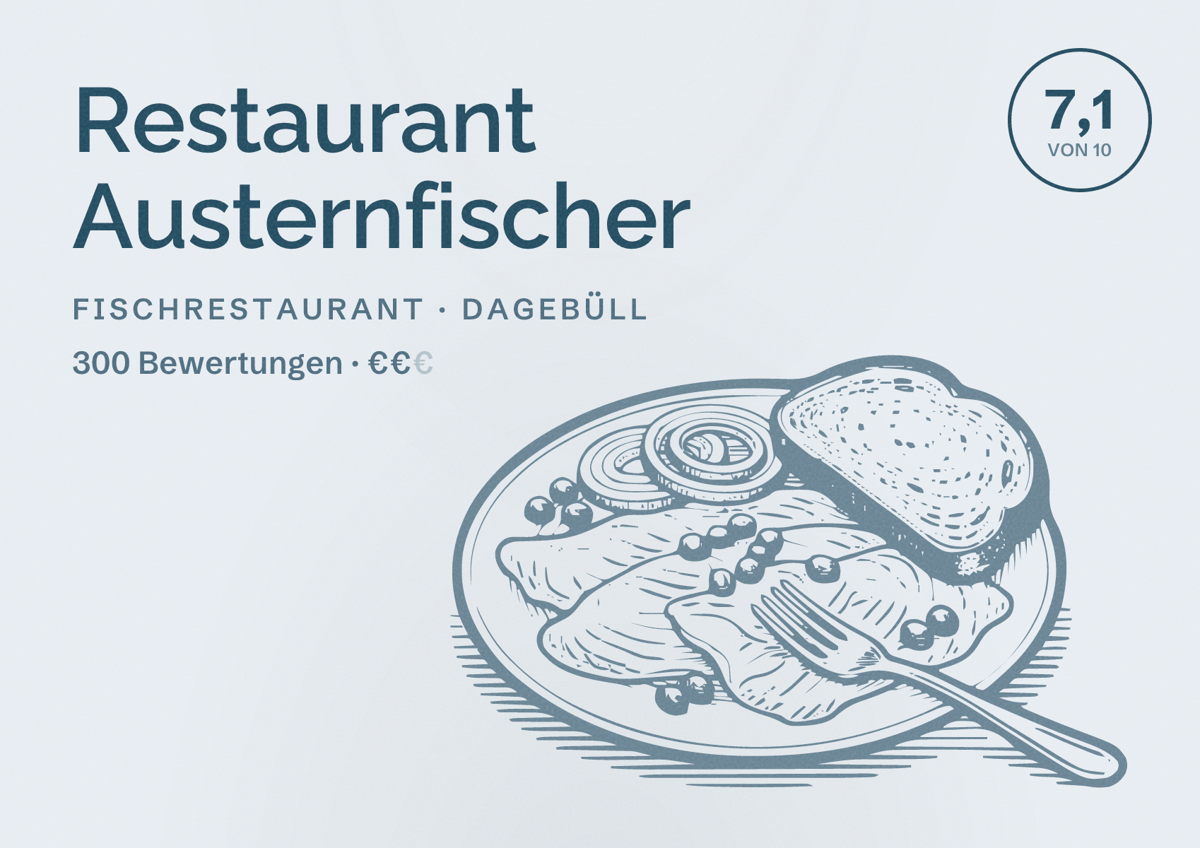 Illustriertes Poster von Restaurant Austernfischer, Fischrestaurant in Dagebüll: Bewertung 7,1 von 10 aus 300 Bewertungen, Preisniveau €€