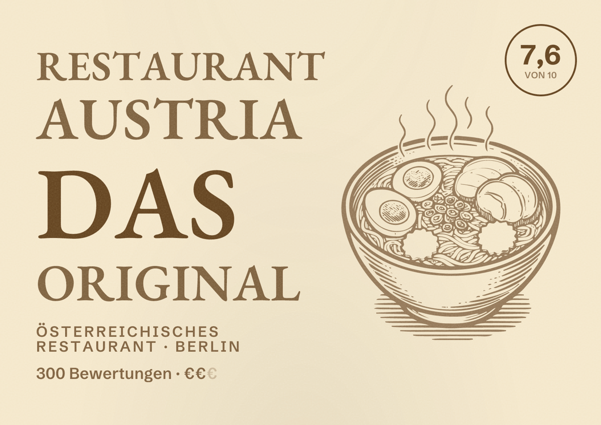Illustriertes Poster von Restaurant Austria Das Original, Österreichisches Restaurant in Berlin: Bewertung 7,6 von 10 aus 300 Bewertungen, Preisniveau €€