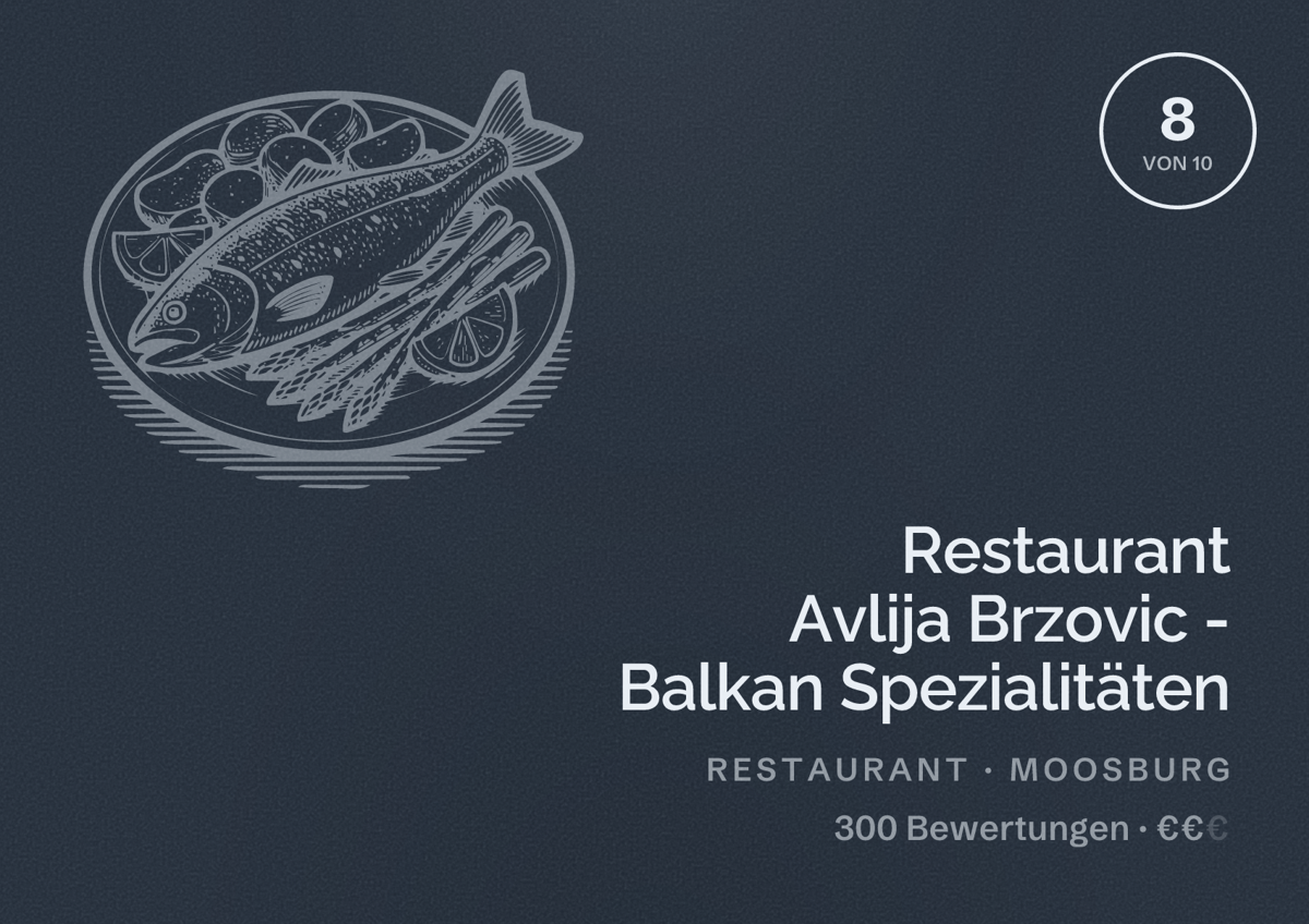 Illustriertes Poster von Restaurant Avlija Brzovic - Balkan Spezialitäten, Restaurant in Moosburg: Bewertung 8 von 10 aus 300 Bewertungen, Preisniveau €€