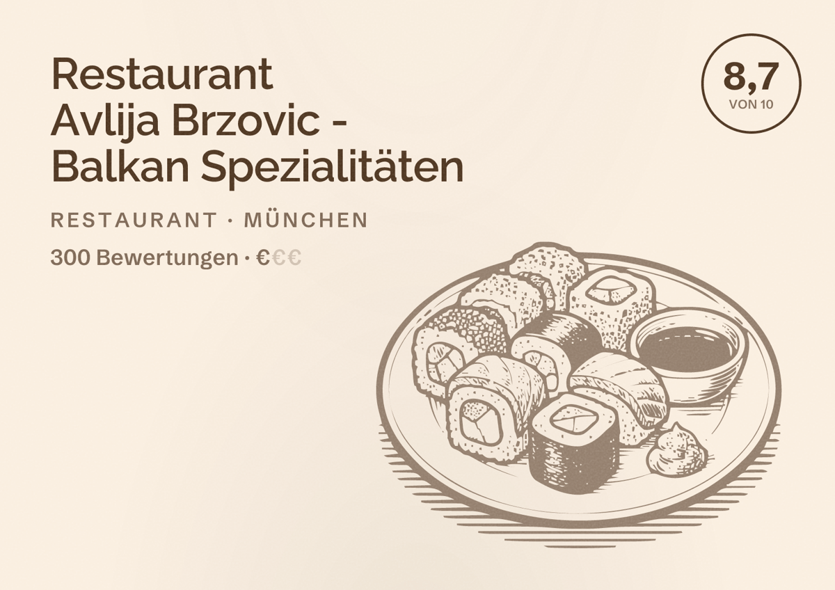 Illustriertes Poster von Restaurant Avlija Brzovic - Balkan Spezialitäten, Restaurant in München: Bewertung 8,7 von 10 aus 300 Bewertungen, Preisniveau €