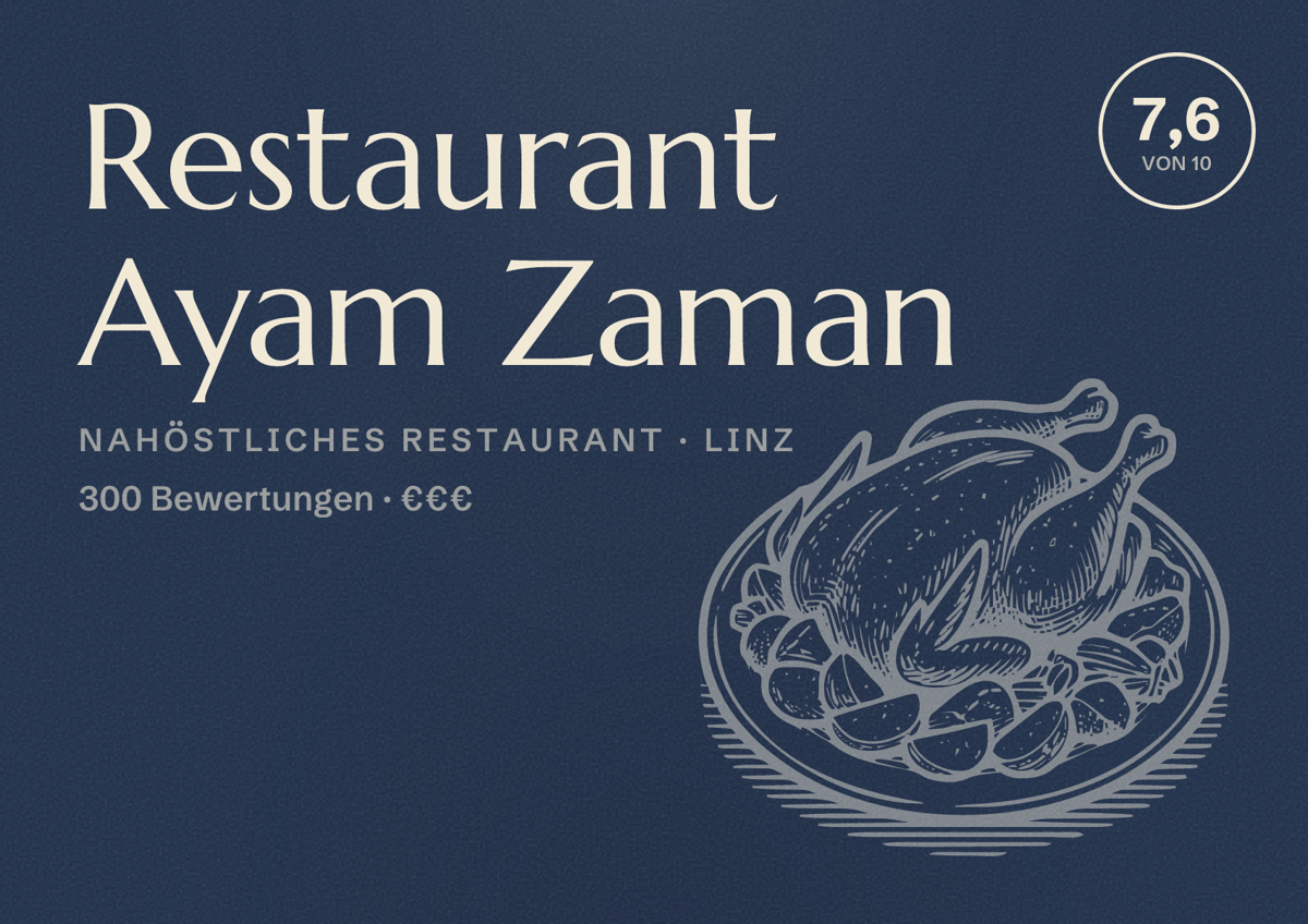 Illustriertes Poster von Restaurant Ayam Zaman, Nahöstliches Restaurant in Linz: Bewertung 7,6 von 10 aus 300 Bewertungen, Preisniveau €€€