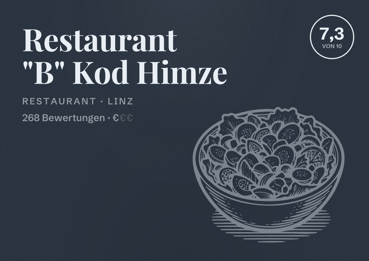 Illustriertes Poster von Restaurant "B" Kod Himze, Restaurant in Linz: Bewertung 7,3 von 10 aus 268 Bewertungen, Preisniveau €