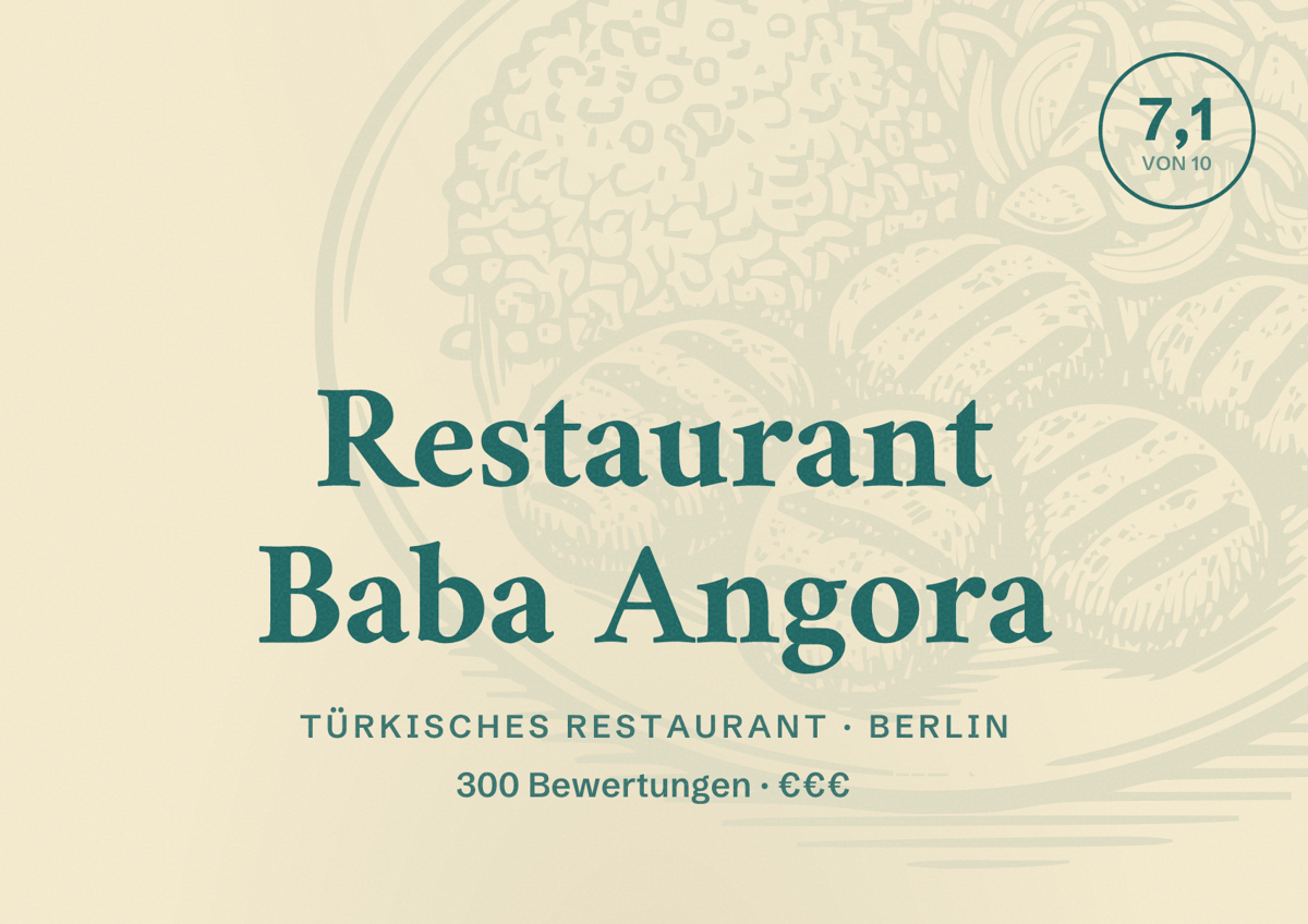 Illustriertes Poster von Restaurant Baba Angora, Türkisches Restaurant in Berlin: Bewertung 7,1 von 10 aus 300 Bewertungen, Preisniveau €€€