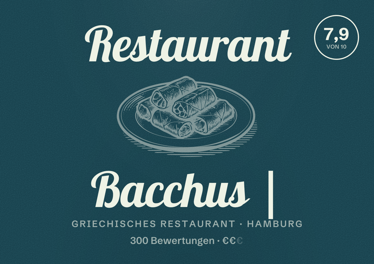 Illustriertes Poster von Restaurant Bacchus |, Griechisches Restaurant in Hamburg: Bewertung 7,9 von 10 aus 300 Bewertungen, Preisniveau €€