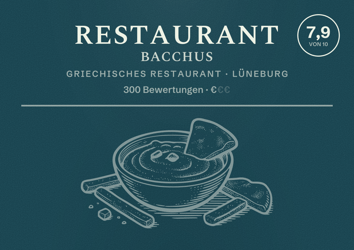 Illustriertes Poster von Restaurant Bacchus, Griechisches Restaurant in Lüneburg: Bewertung 7,9 von 10 aus 300 Bewertungen, Preisniveau €