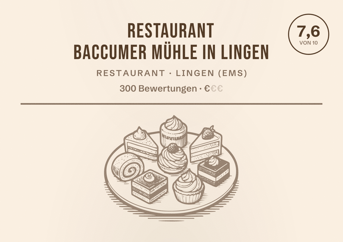 Illustriertes Poster von Restaurant Baccumer Mühle in Lingen, Restaurant in Lingen (Ems): Bewertung 7,6 von 10 aus 300 Bewertungen, Preisniveau €