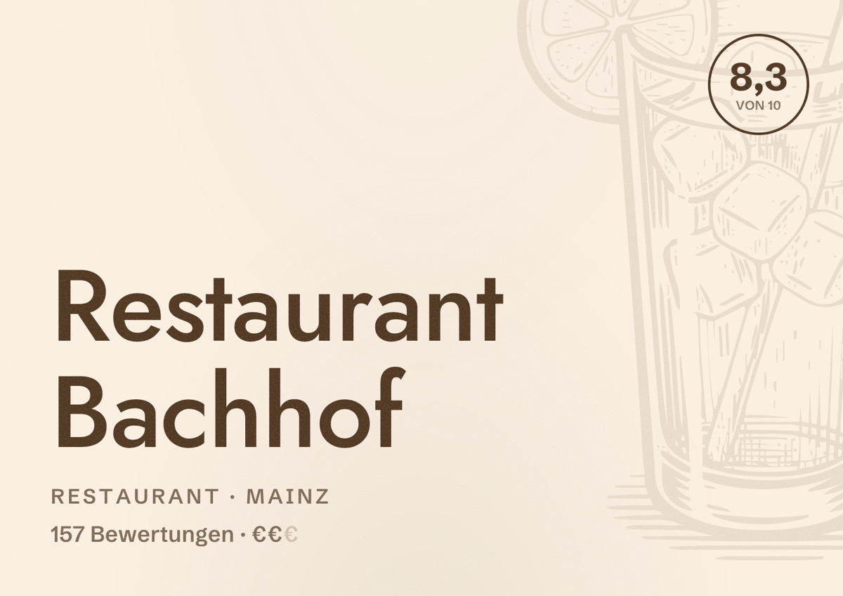Illustriertes Poster von Restaurant Bachhof, Restaurant in Mainz: Bewertung 8,3 von 10 aus 157 Bewertungen, Preisniveau €€