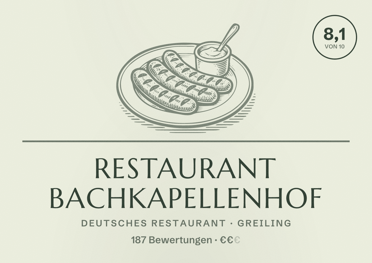Illustriertes Poster von Restaurant Bachkapellenhof, Deutsches Restaurant in Greiling: Bewertung 8,1 von 10 aus 187 Bewertungen, Preisniveau €€