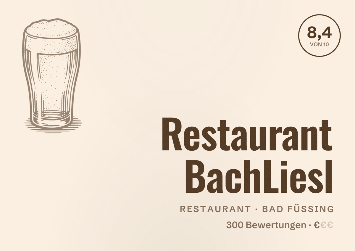Illustriertes Poster von Restaurant BachLiesl, Restaurant in Bad Füssing: Bewertung 8,4 von 10 aus 300 Bewertungen, Preisniveau €