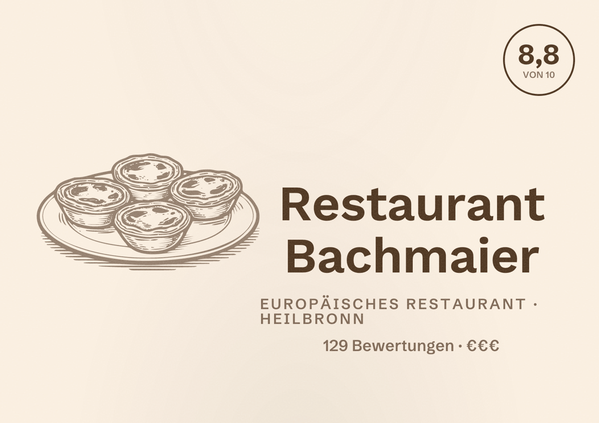 Illustriertes Poster von Restaurant Bachmaier, Europäisches Restaurant in Heilbronn: Bewertung 8,8 von 10 aus 129 Bewertungen, Preisniveau €€€