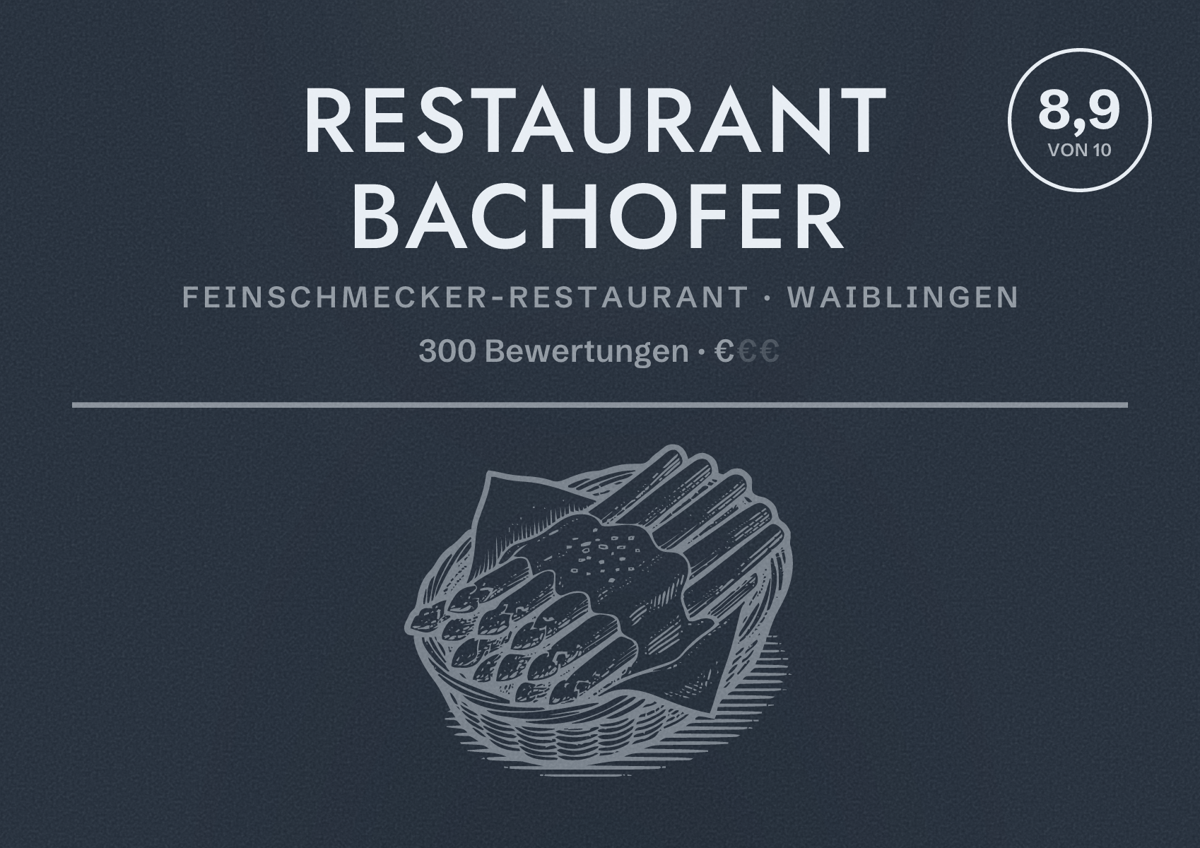 Illustriertes Poster von Restaurant bachofer, Feinschmecker-Restaurant in Waiblingen: Bewertung 8,9 von 10 aus 300 Bewertungen, Preisniveau €