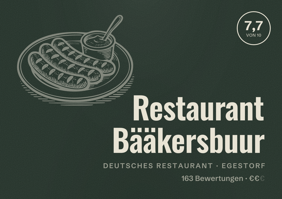 Illustriertes Poster von Restaurant Bääkersbuur, Deutsches Restaurant in Egestorf: Bewertung 7,7 von 10 aus 163 Bewertungen, Preisniveau €€
