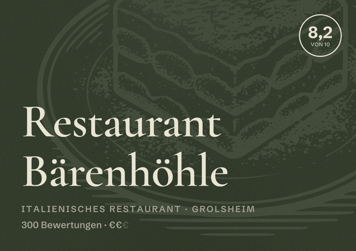 Illustriertes Poster von Restaurant Bärenhöhle, Italienisches Restaurant in Grolsheim: Bewertung 8,2 von 10 aus 300 Bewertungen, Preisniveau €€
