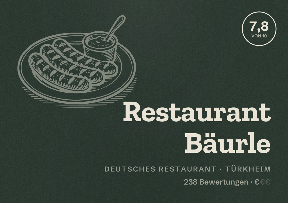 Illustriertes Poster von Restaurant Bäurle, Deutsches Restaurant in Türkheim: Bewertung 7,8 von 10 aus 238 Bewertungen, Preisniveau €