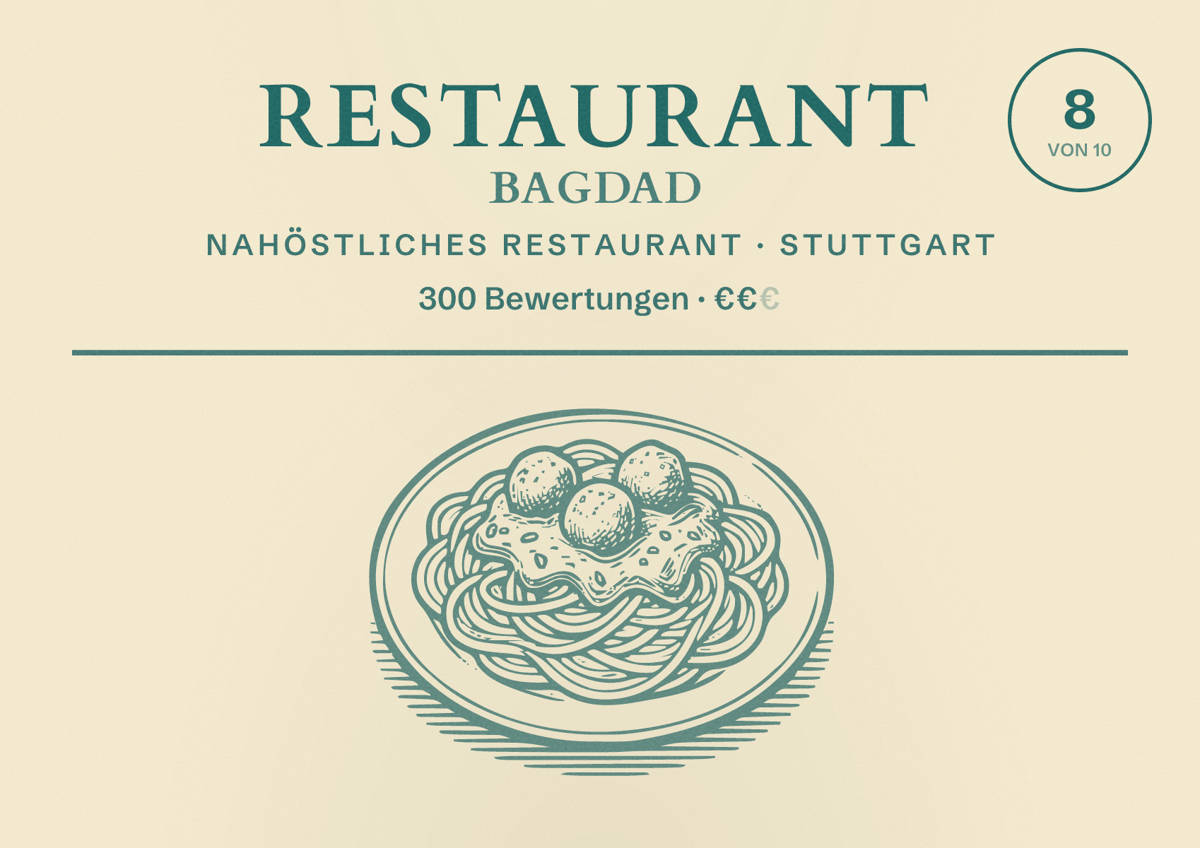 Illustriertes Poster von Restaurant Bagdad, Nahöstliches Restaurant in Stuttgart: Bewertung 8,0 von 10 aus 300 Bewertungen, Preisniveau €€€