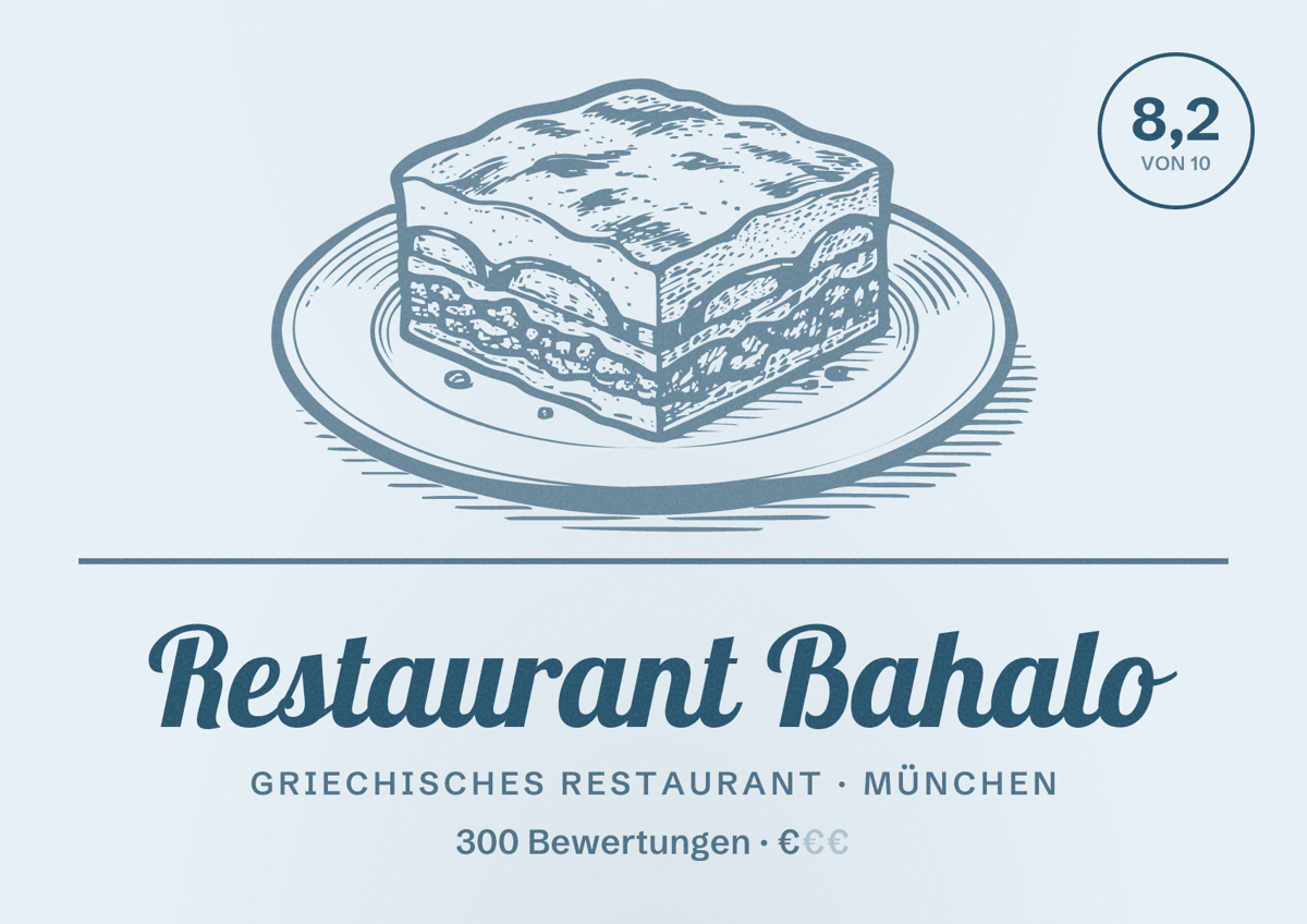 Illustriertes Poster von Restaurant Bahalo, Griechisches Restaurant in München: Bewertung 8,2 von 10 aus 300 Bewertungen, Preisniveau €