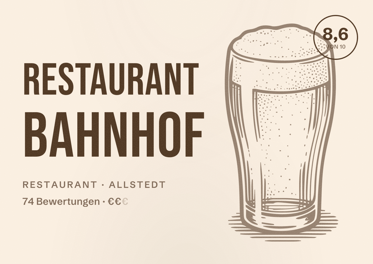 Illustriertes Poster von Restaurant Bahnhof, Restaurant in Allstedt: Bewertung 8,6 von 10 aus 74 Bewertungen, Preisniveau €€