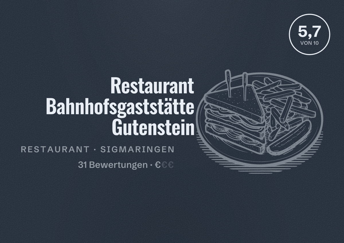 Illustriertes Poster von Restaurant Bahnhofsgaststätte Gutenstein, Restaurant in Sigmaringen: Bewertung 5,7 von 10 aus 31 Bewertungen, Preisniveau €