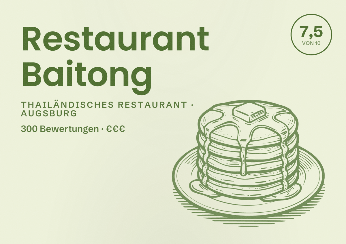 Illustriertes Poster von Restaurant Baitong, Thailändisches Restaurant in Augsburg: Bewertung 7,5 von 10 aus 300 Bewertungen, Preisniveau €€€