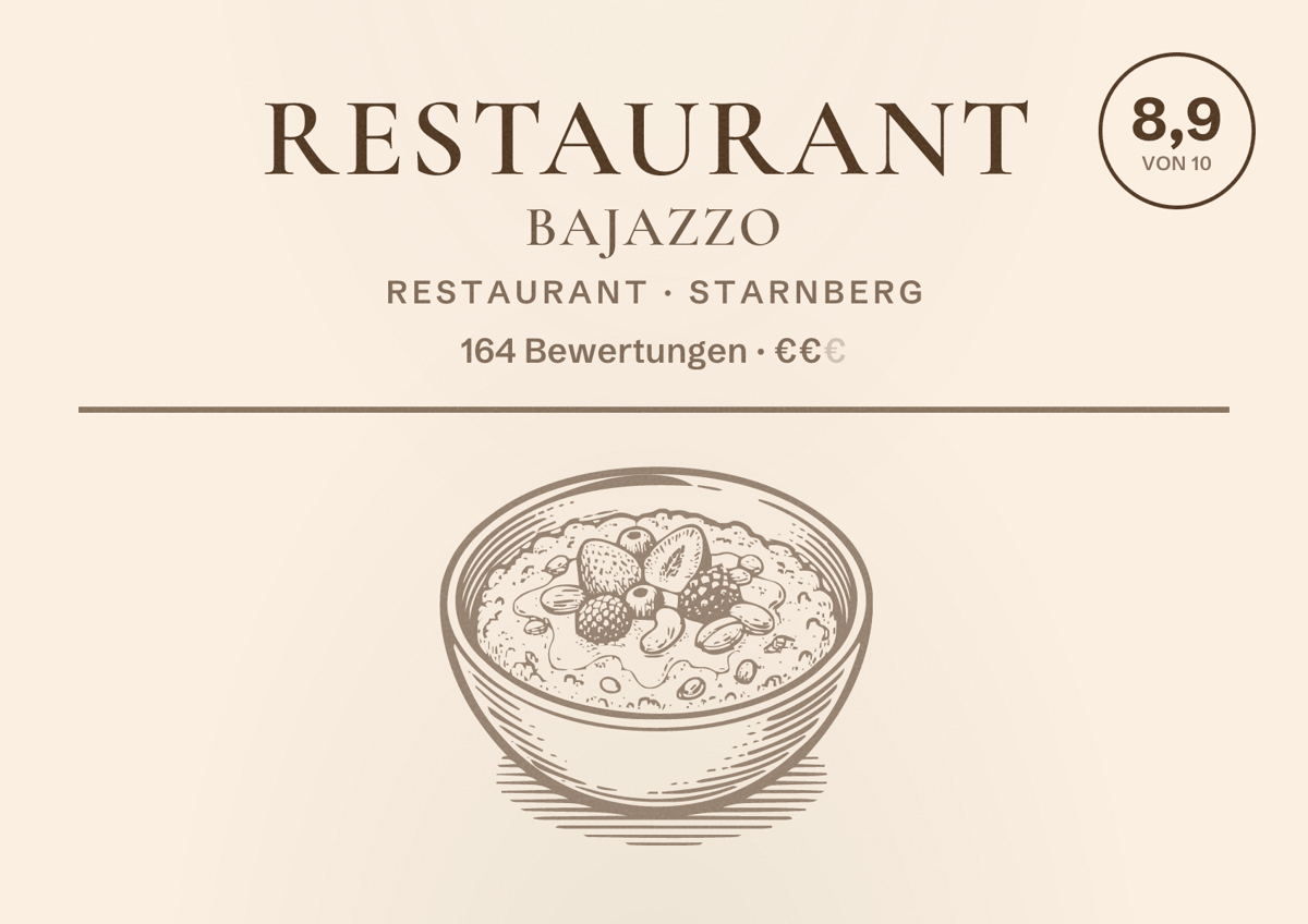Illustriertes Poster von Restaurant Bajazzo, Restaurant in Starnberg: Bewertung 8,9 von 10 aus 164 Bewertungen, Preisniveau €€