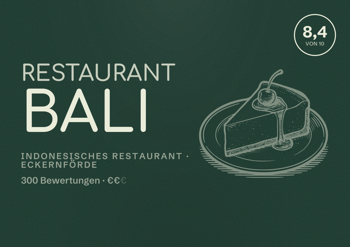 Illustriertes Poster von Restaurant Bali, Indonesisches Restaurant in Eckernförde: Bewertung 8,4 von 10 aus 300 Bewertungen, Preisniveau €€