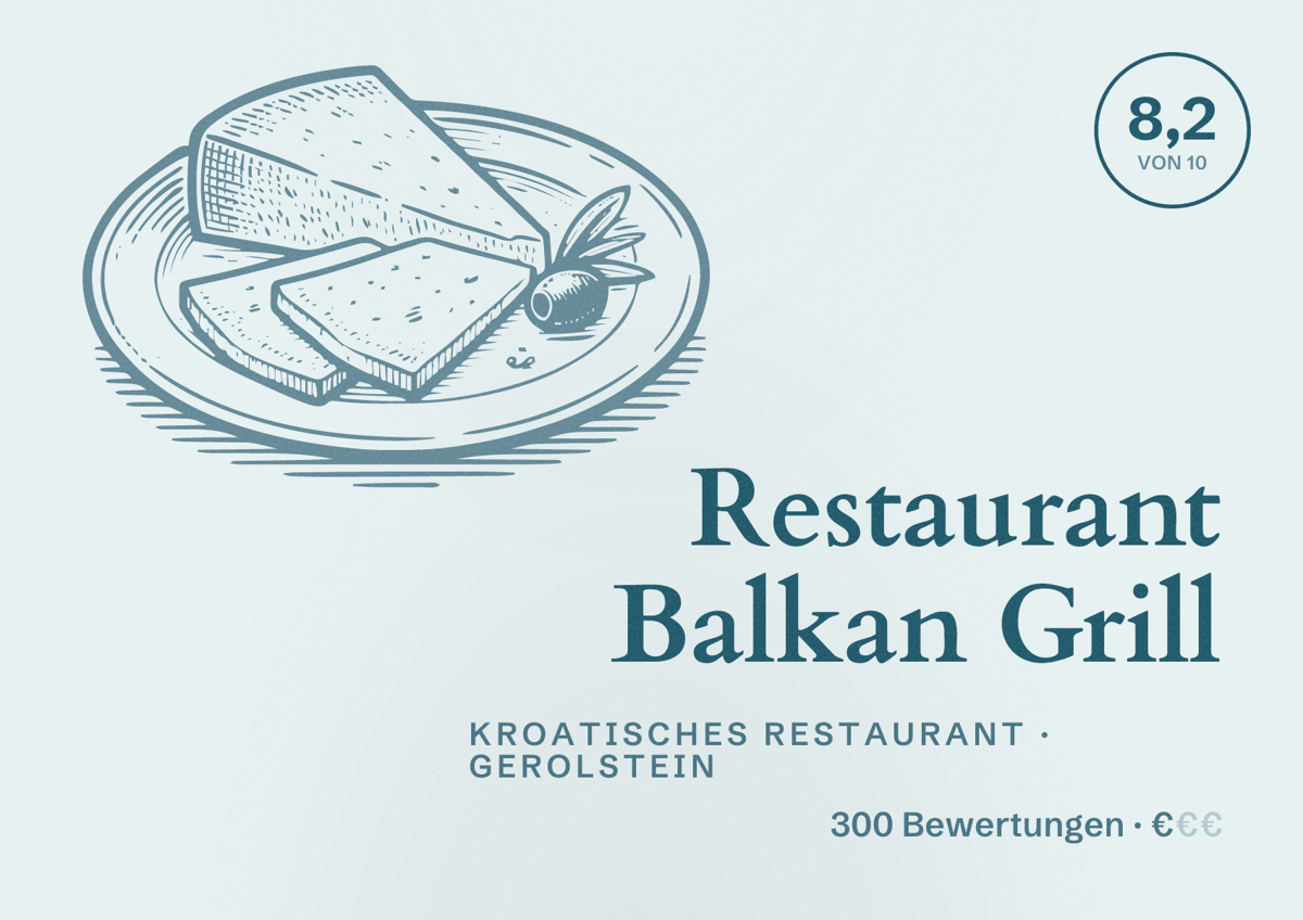 Illustriertes Poster von Restaurant Balkan Grill, Kroatisches Restaurant in Gerolstein: Bewertung 8,2 von 10 aus 300 Bewertungen, Preisniveau €