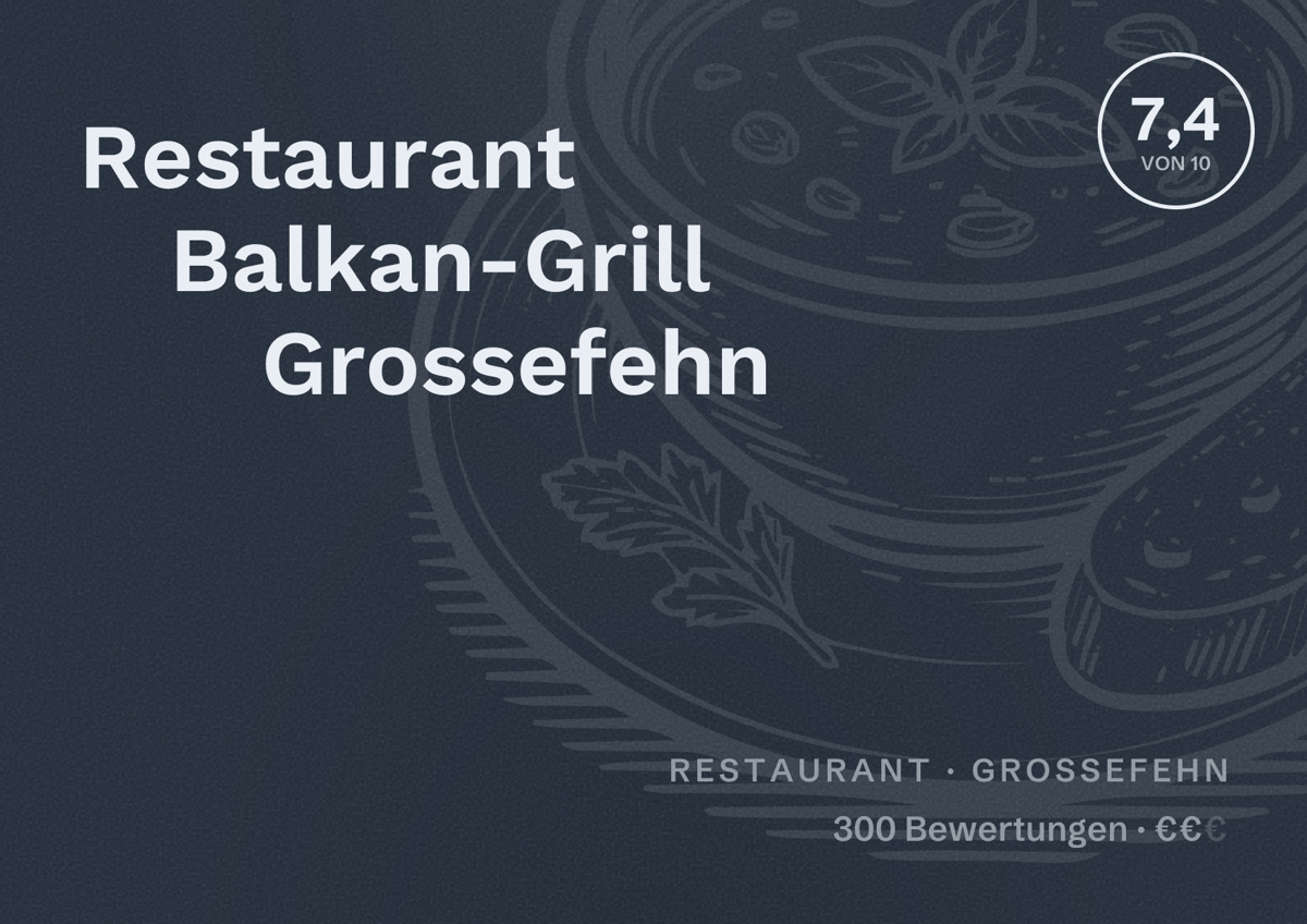 Illustriertes Poster von Restaurant Balkan-Grill Grossefehn, Restaurant in Großefehn: Bewertung 7,4 von 10 aus 300 Bewertungen, Preisniveau €€