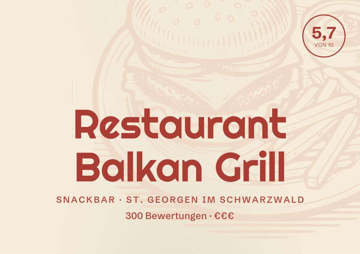 Illustriertes Poster von Restaurant Balkan Grill, Snackbar in St. Georgen im Schwarzwald: Bewertung 5,7 von 10 aus 300 Bewertungen, Preisniveau €€€